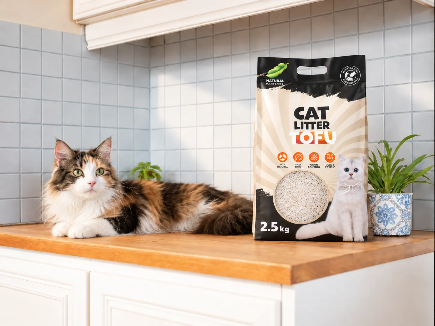 Lapjeskat op het aanrecht naast een zak RITCO tofu kattenbakvulling